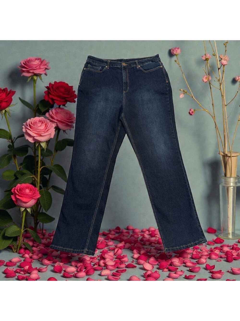 Christopher & Banks Jeans Straight Leg Women 16 BLUE High-Rise Distressed Denim